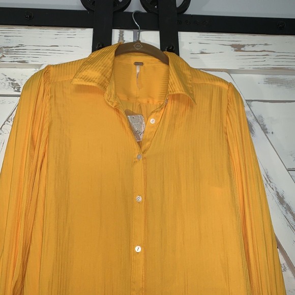 FREE PEOPLE Serena Silky Stripe Shirt carrot ginger yellow Long Sleeve Blouse - Picture 4 of 12